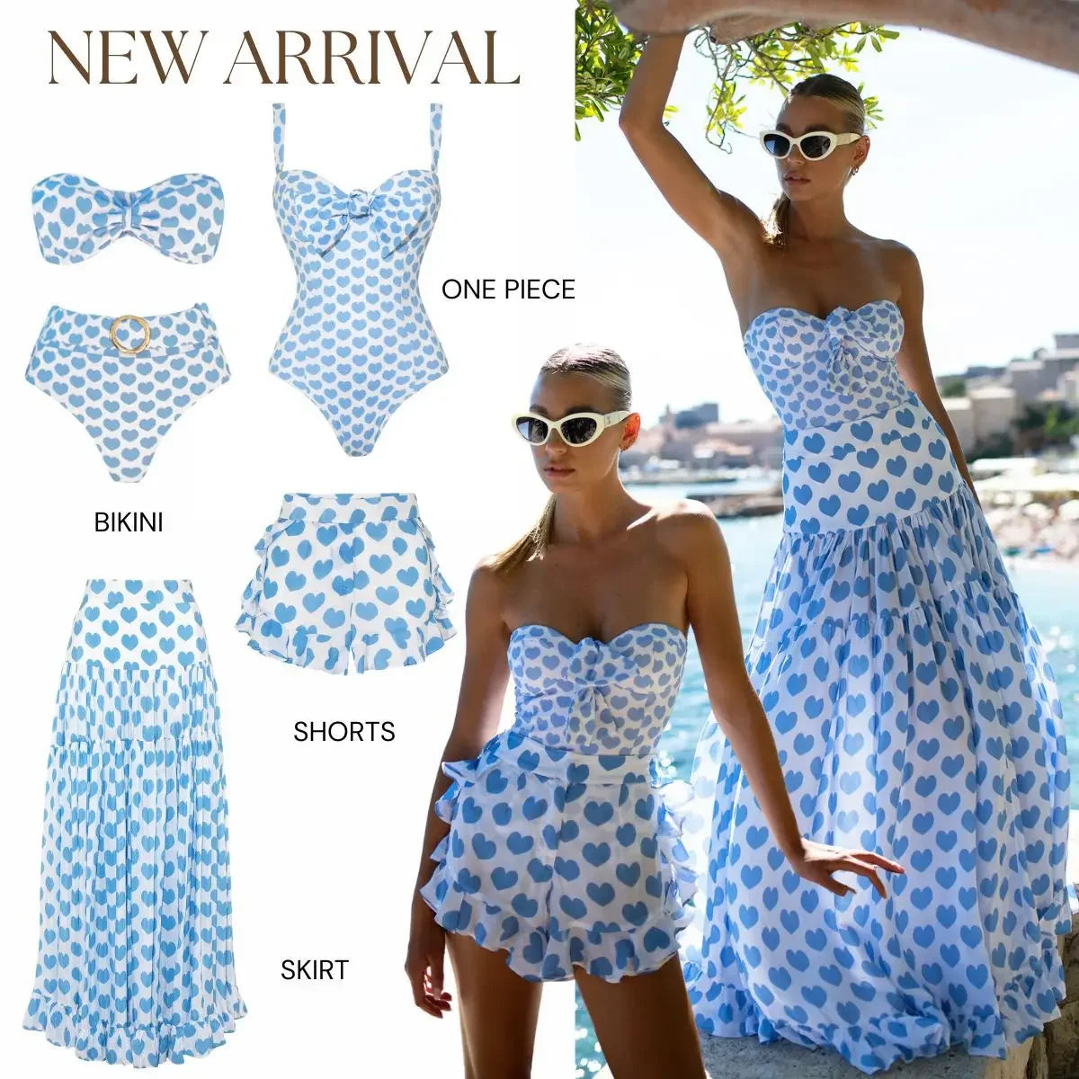 Bikini de Tres Piezas con Estampado de Corazones y Lazo – Incluye Falda y Pantalón Corto