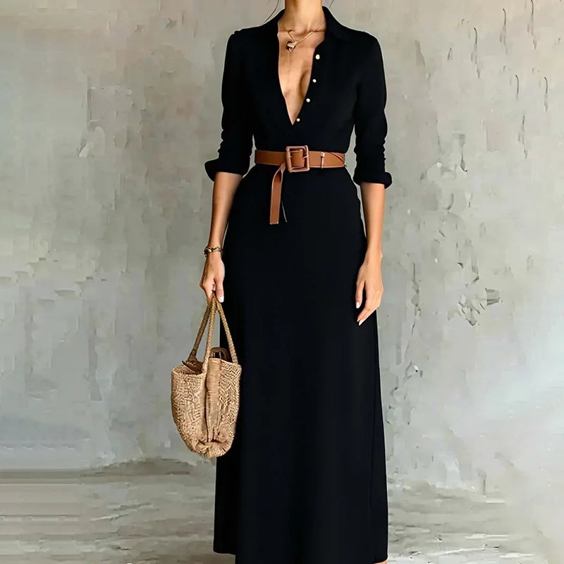 Vestido Camisero Largo con Cinturón y Solapas: Elegancia Casual NovaTrend