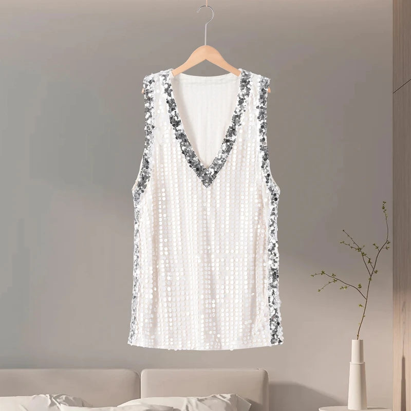 Vestido Mini de Lentejuelas con Escote en V: Elegancia y Brillo