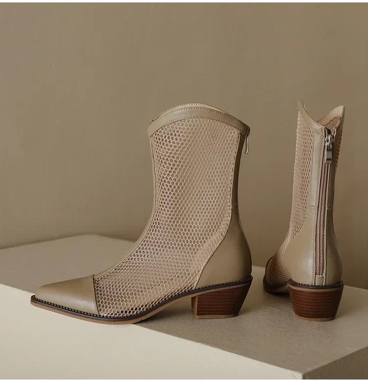 Botines de Malla Transpirable Estilo Cowboy: Tacón Cómodo NovaTrend